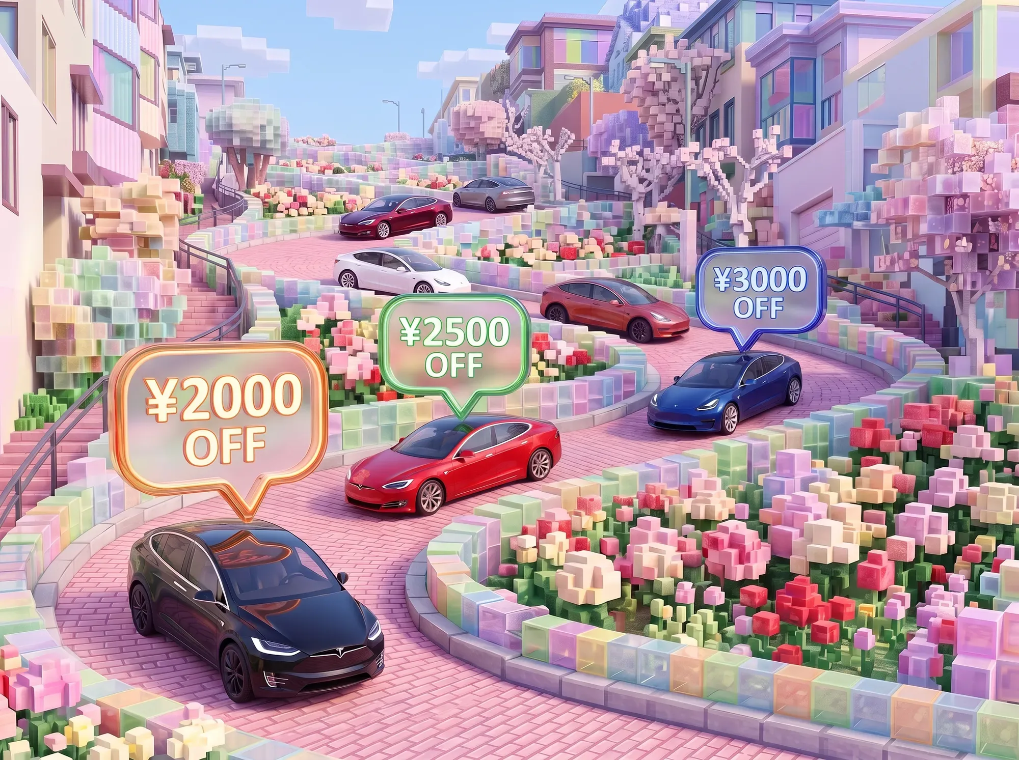 ブロックでできた坂道を走る車と、¥2000 OFF・¥2500 OFF・¥3000 OFF と書かれた吹き出し