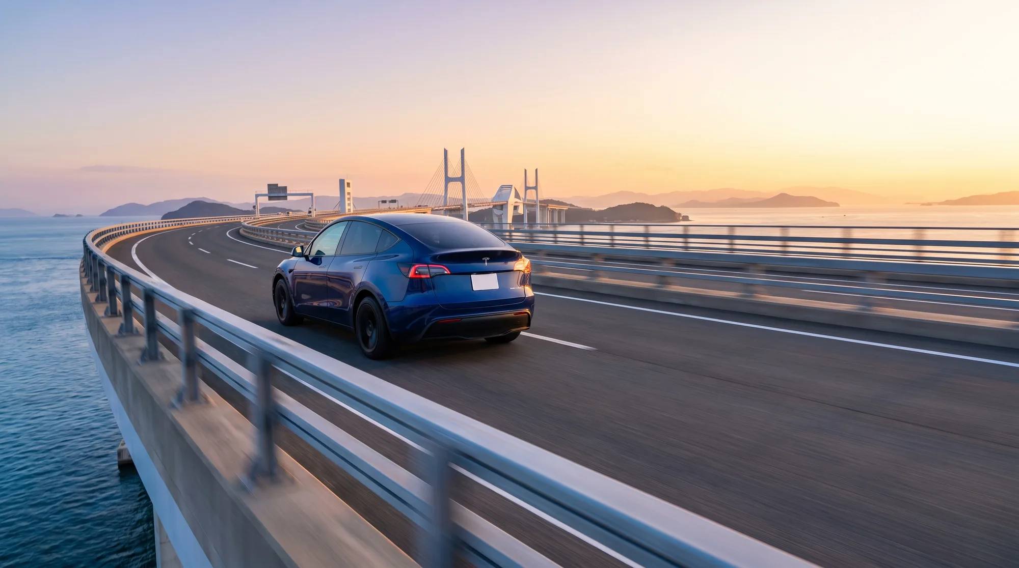 A blue Tesla Model Y driving across a coastal bridge at sunset
